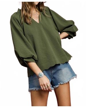 Umgee Split Neck Balloon Sleeve Blouse - Green