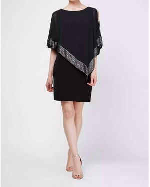 SLNY Short Jersey Cape With Foil Trim Popover Dress - Black