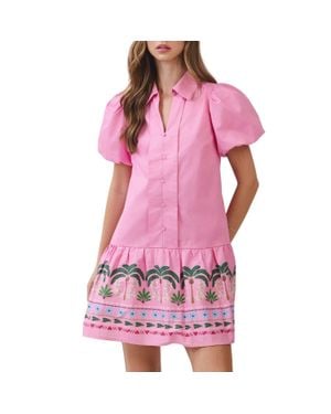 TCEC Tropical Border Puff Sleeve Mini Dress - Pink