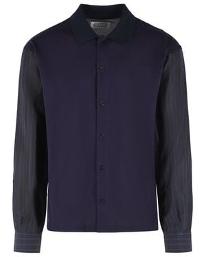 Maison Margiela Ribbed Polo Cotton Shirt With Cupro Striped Sleeves - Blue