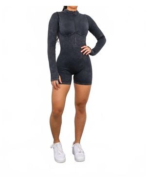 SurelyMine Mineral Wash Seamless Mock Neck Romper - Blue