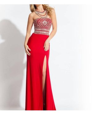 Rachel Allan Beaded Jersey Prom Gown With High Slit - Red