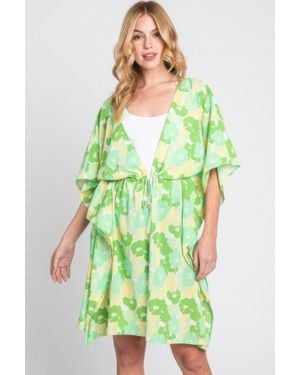 TRUEDAMES Flower Print Self-Tie Drawstring Open Front Cover - Green