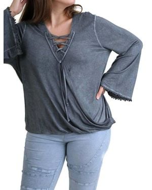 Umgee Drawstring Neckline Bell Sleeve Top - Blue
