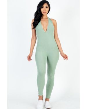 TRUEDAMES Fashnzfab Halter V Neck Ribbed Bodycon Jumpsuit - Green