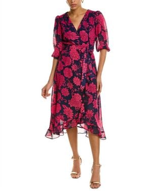 Maison Tara Ruffle Sleeve Hi-Lo Faux Wrap Midi Dress - Red