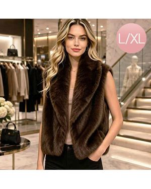 TRUEDAMES Faux Fur Plush Open Front Shawl Collar Winter Vest - Brown