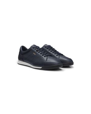 BOSS Grained Leather Sneakers With Fishbone-Patterned Sole - Blue