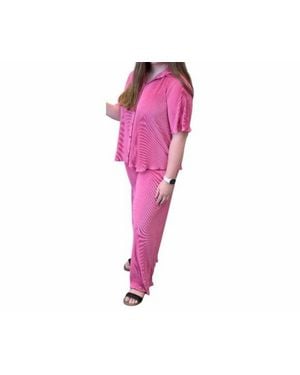 She + Sky Plisse Button Down Top With Pants - Pink