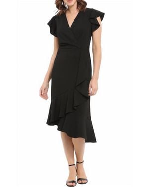 London Times Ruffle Sleeve V-Neck Dress With Asymmetrical Hem - Black