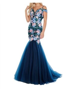 Rachel Allan Embroidered Floral Mermaid Dress - Blue
