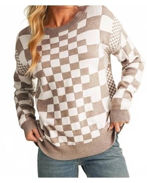 Shewin Checkered Drop Shoulder Round Neck Sweater - Brown