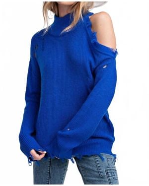 Easel Lauren Cold Shoulder Distressed Sweater - Blue