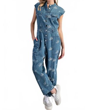 Eesome Floral Embroidered Denim Cap Sleeve Jumpsuit - Blue