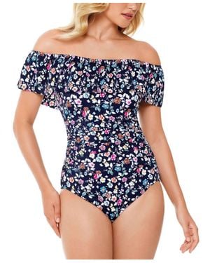 Swim Solutions Off The Shoulder Tummy Control One Piece Swimsuit - Blue