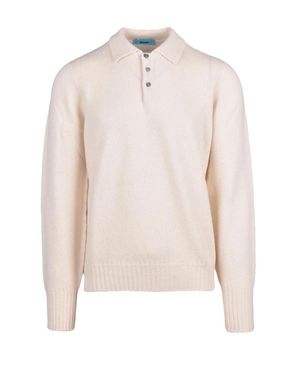Drumohr Cream Lambswool Ribbed Polo Shirt - White