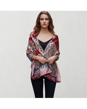 TRUEDAMES Boho Ornate Pattern Printed Oblong Silky Satin Scarf Shawl - Red