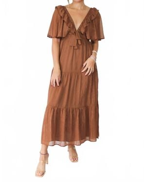Storia Shimmer Tiered Midi Dress - Brown