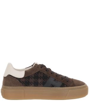 Hogan Crosswind Houndstooth Fabric Suede Low-Top Sneakers - Brown