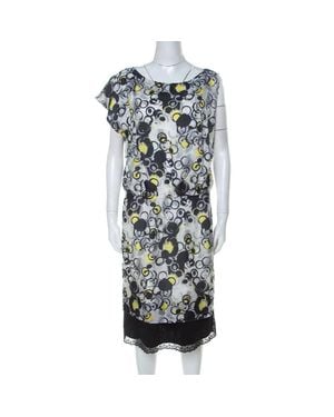 Gianfranco Ferré Gf Ferre Circle Print Silk Lace Detail Asymmetric Shoulder Dress - Gray