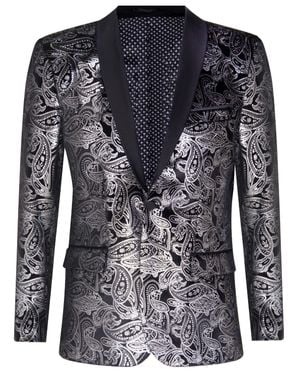 Oliver Tweed Classic Paisley Velvet Tuxedo Dinner Jacket Tailored Blazer - Black