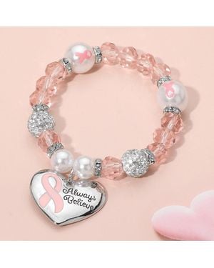 Fashnzfab Always Believe Ribbon Heart Charm Pearl Shamballa Ball Beaded Stretch Bracelet Light - Pink