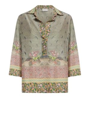 Pierre Louis Mascia V-Neck Floral Print Relaxed Fit Shirt With Vintage Accents - Gray