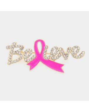 Fashnzfab Enamel Ribbon Pointed Stone Paved Believe Message Pin Brooch 2.4" X 1" - Pink