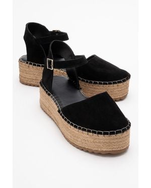 Forever & Always Shoes Viba Leather Esprarille Platform Wedge Sandals - Black