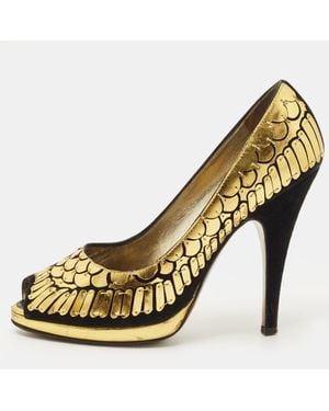 Roberto Cavalli Suede Scale Embellish Peep Toe Pumps - Metallic