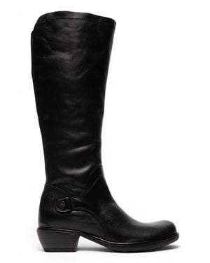 Fly London Leather High Heeled Riding Long Boots - Black