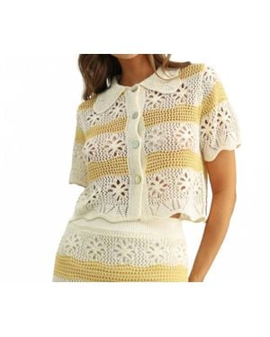 Miou Muse Floral Crochet Knit Button Front Top - Metallic