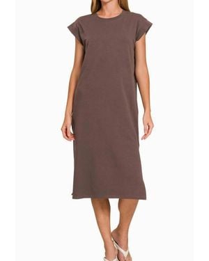 Zenana Round Neck Short Sleeve Midi Dress - Brown