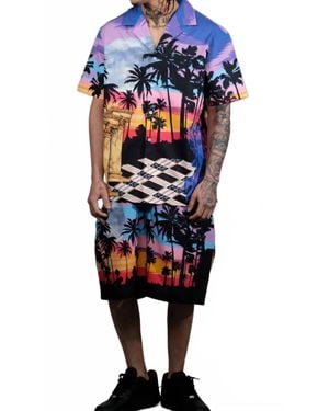 Civilized Haze Sunset Button Down Short Set - Blue