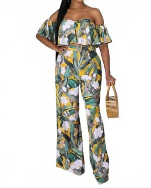Peach Magnolia Off The Shoulder Tropical Pants Set - Green