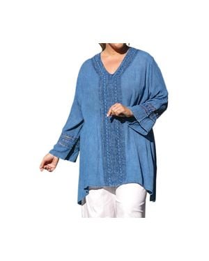 On The Plus Side Tatum Crochet Cotton Wide Sleeve V-Neck Tunic - Blue