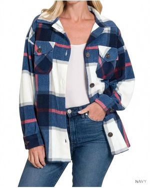 Zenana Oversized Plaid Fleece Shacket - Blue