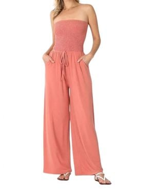 Zenana Smocked Romper Pants Suit - Pink