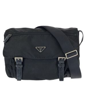 Prada Nylon Leather Tessuto Triangle Logo Shoulder Bag - Black