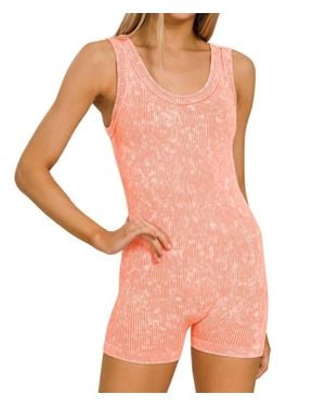 Zenana Stone Washed Ribbed Seamless Romper - Pink