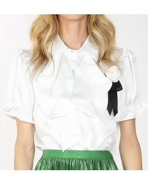 Beulahstyle Desiree Ruffle & Rose Accent Satin Blouse - White