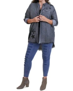 Umgee Frayed Button Up Shirt - Blue