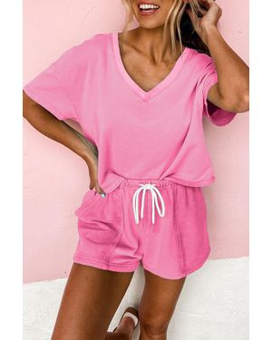 TRUEDAMES V Neck Drop Shoulder Tee And Patchwork Drawstring Elastic Waistband Shorts Set - Pink