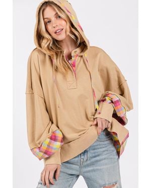 TRUEDAMES Sage + Fig Full Size Plaid Print Washed Hoodie - Blue