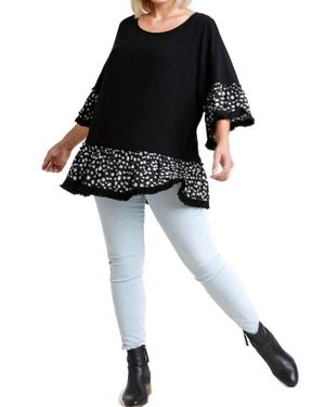 Umgee Spotted Bell Sleeve Frayed Top - Black
