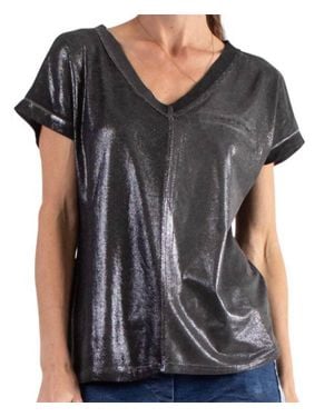 Made In Italy Two Tone V Neck T-Shirt With Faux Pocket - Black