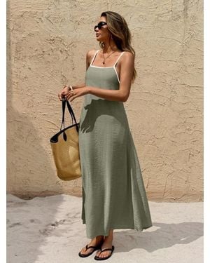 TRUEDAMES Off-The-Shoulder Backless Solid Color Suspender Strap-Up Long Dress - Natural