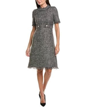 Teri Jon Sparkle Tweed Fringe Trim A-Line Dress - Gray
