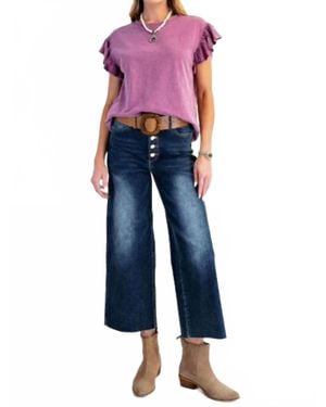 Easel Wing Sleeves Cotton Slub Mineral Washed Knit Top - Blue