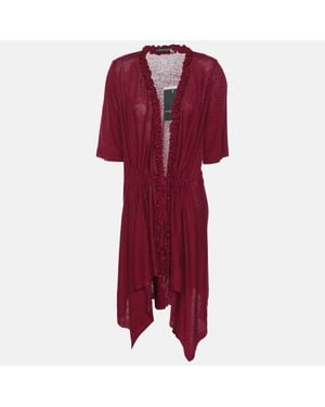 424 Marina Rinaldi Burgundy Stretch Knit Ruffle Edge Drawstring Cardigan - Red
